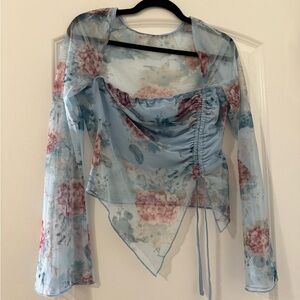 Cider Sheer Floral Blouse in Blue and Pink